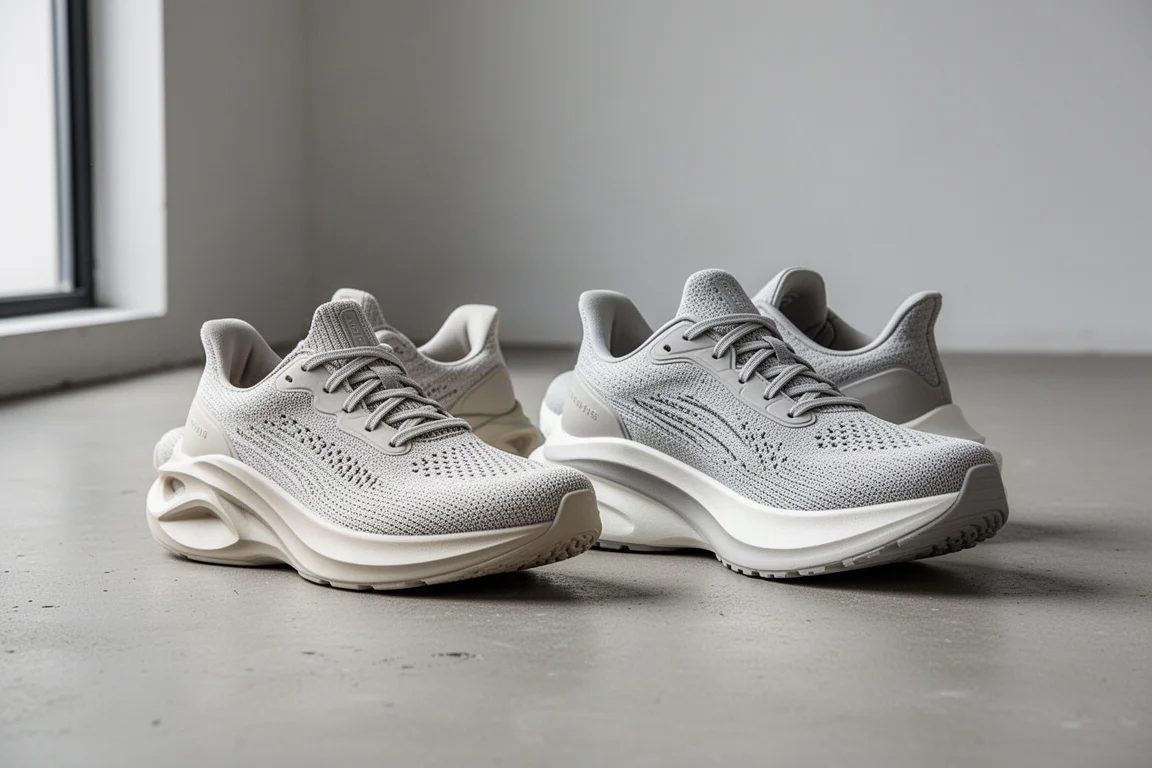 Two Asics neutral running shoes side by side on a light concrete floor