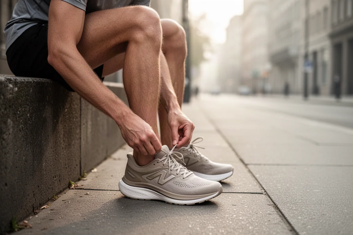 Runner lacing up a pair of high-stack cushioned running shoes on a city pavement