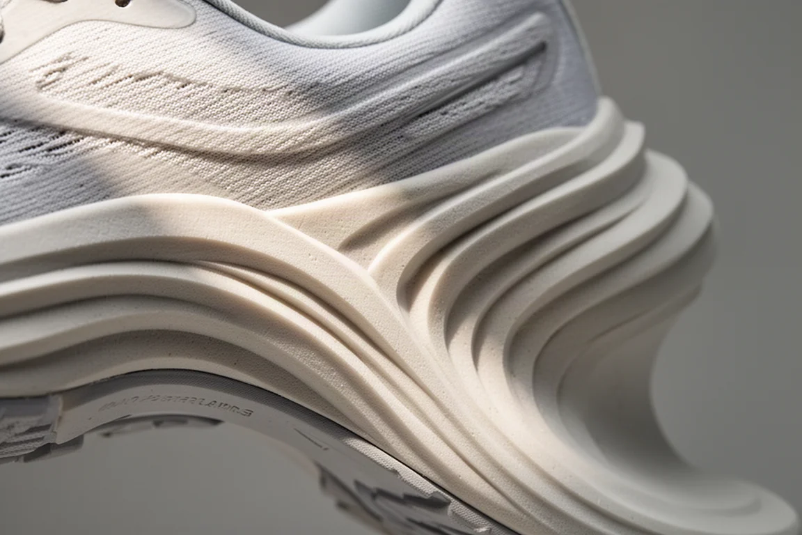 Close-up of a sculpted foam midsole with a visible rocker profile