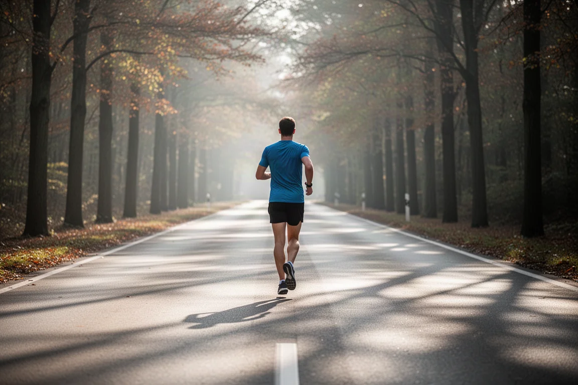 Runner cruising an easy pace along a tree-lined road in soft light