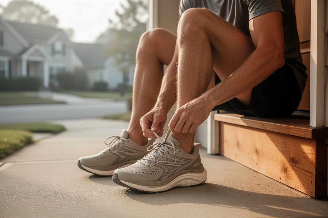 Runner che allaccia un paio di daily trainer ammortizzate su una porta di casa prima di una corsa easy
