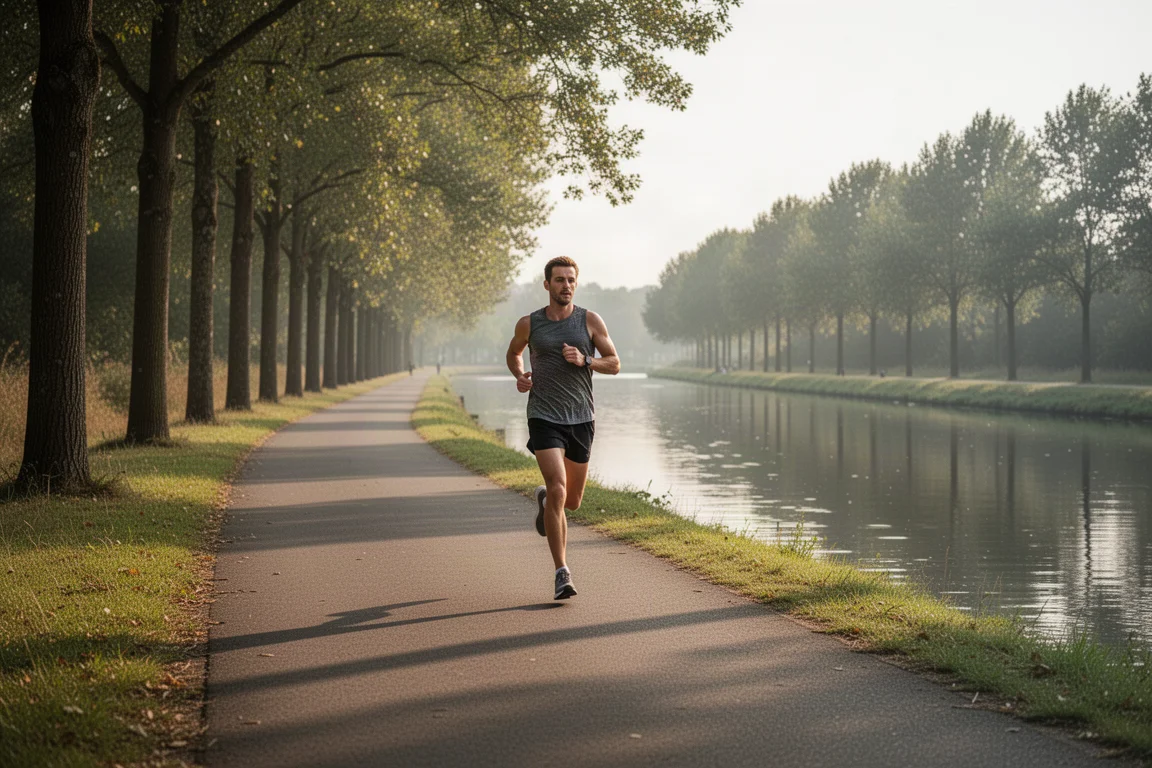 Runner che accumula chilometri easy su un asfalto lungo un canale