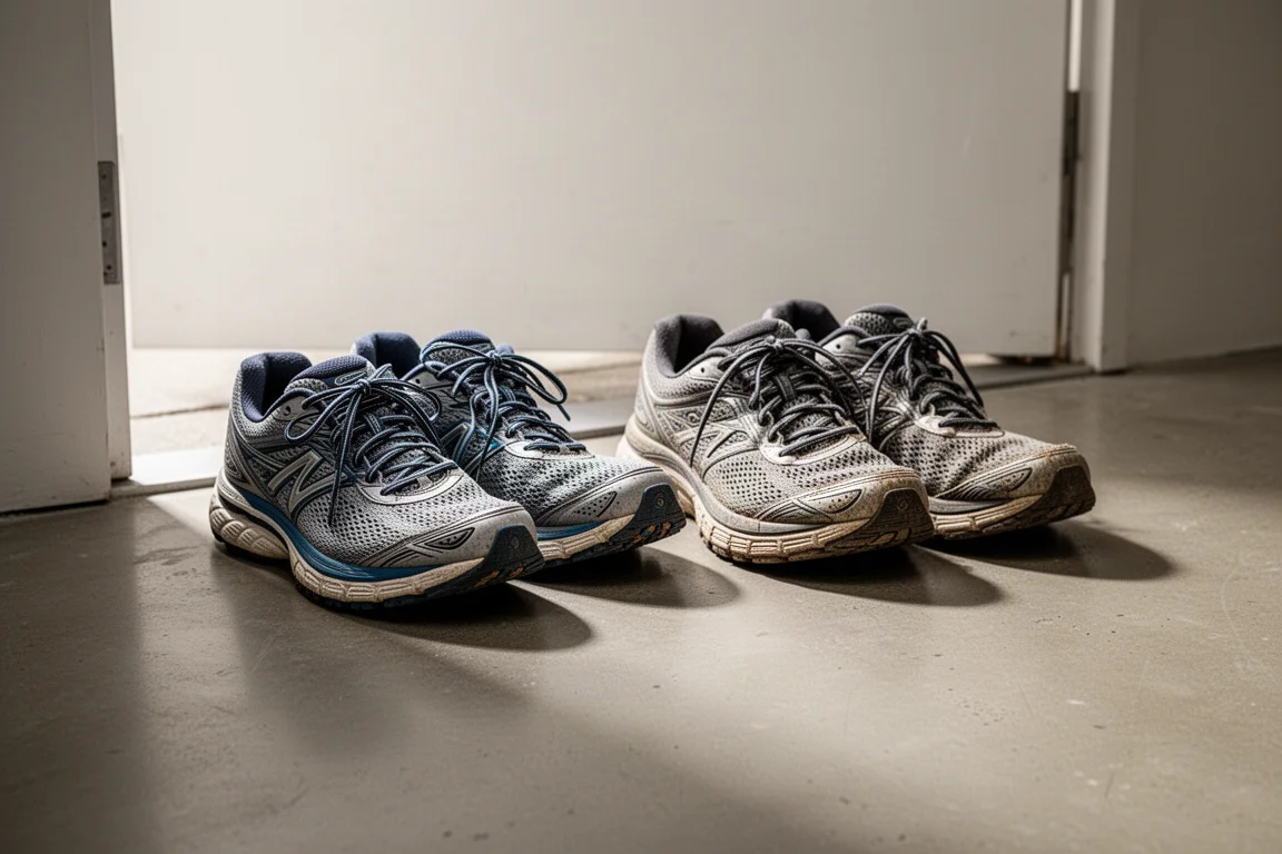 Due paia di scarpe da running appoggiate fianco a fianco dopo un blocco di allenamento