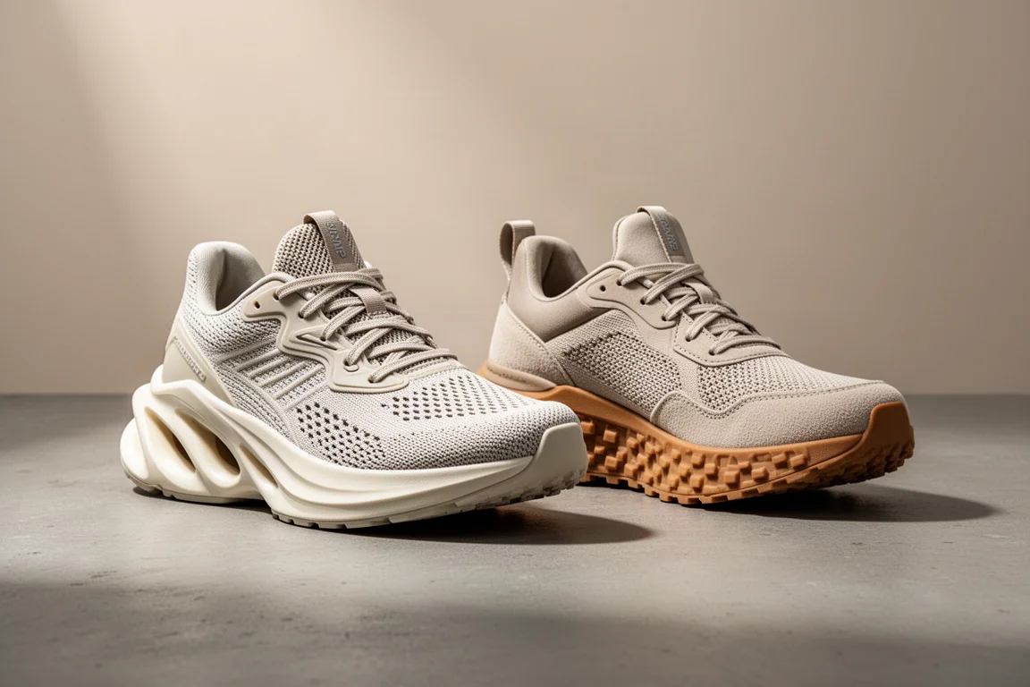 Two neutral running shoes side by side on a concrete surface