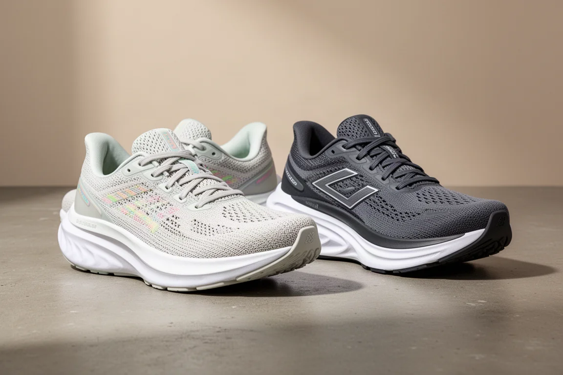 ASICS Novablast 5 and Nike Vomero 18 running shoes side by side on concrete