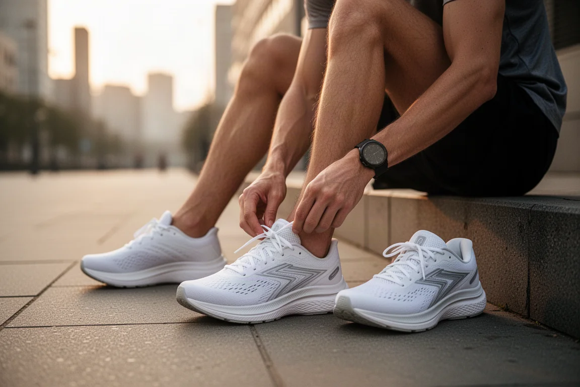 Hardloper die een paar dempende daily trainers veters op een stoep in de stad