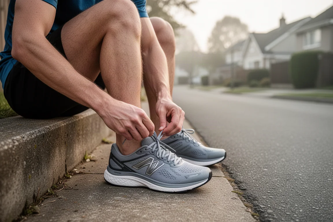 Runner che allaccia i lacci di una scarpa da running ammortizzata su una strada tranquilla