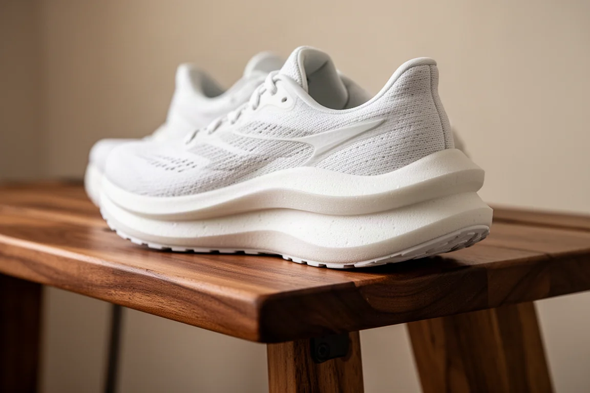 Primo piano dell'intersuola in schiuma morbida di una scarpa da running su una panchina di legno