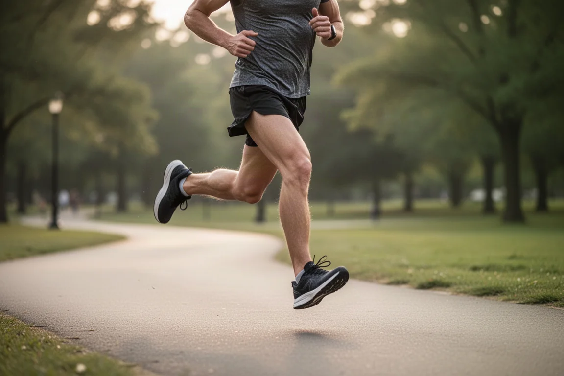 Runner che aumenta il ritmo su un percorso in asfalto liscio