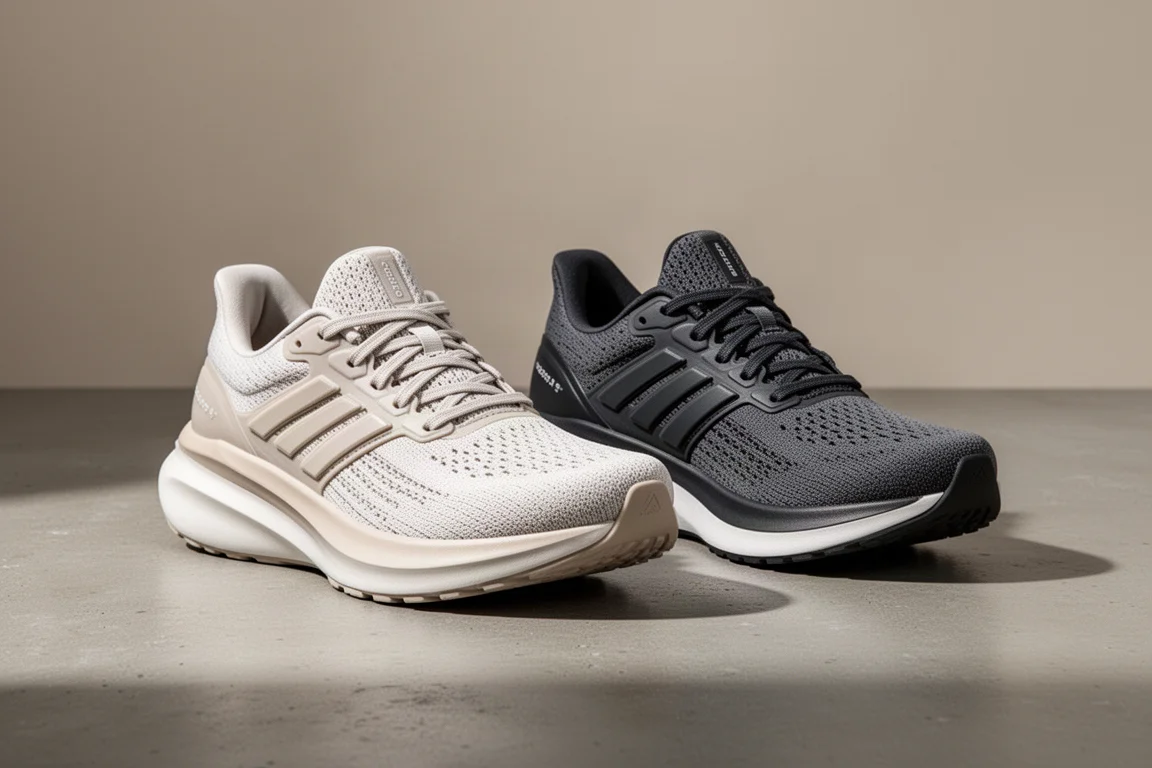 Two cushioned running shoes side by side on a concrete surface