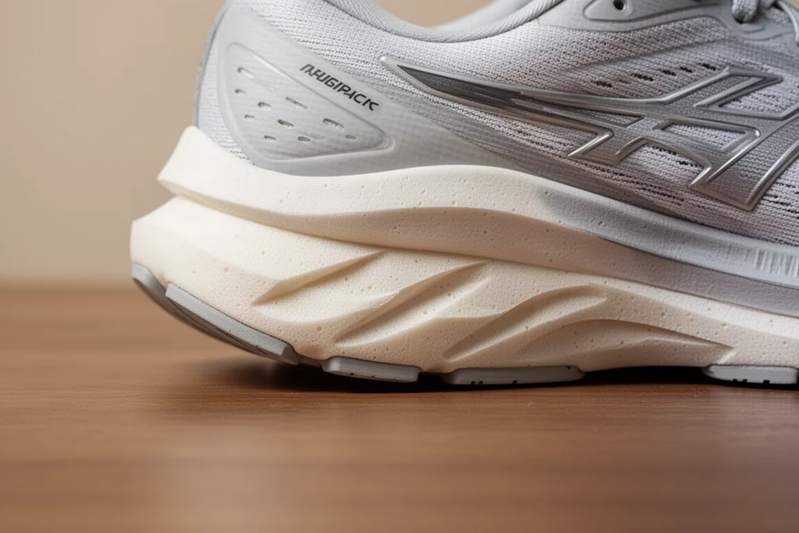 Nahaufnahme einer Laufschuh-Mittelsohle mit Schaumschichten und Dämpfung