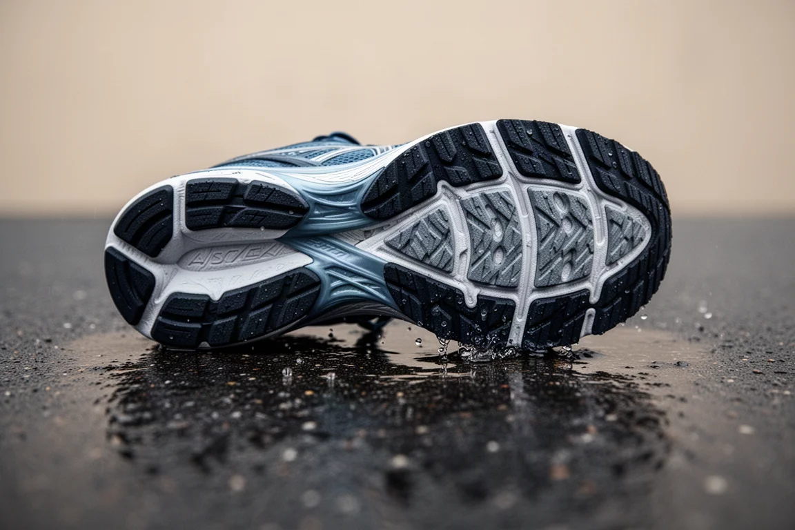Profil des Laufschuh-Außensohle auf nassem Pflaster