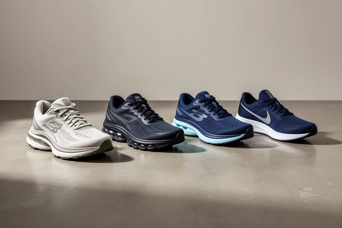 Quattro scarpe da running di diversi brand disposte in fila su un pavimento in calcestruzzo in studio