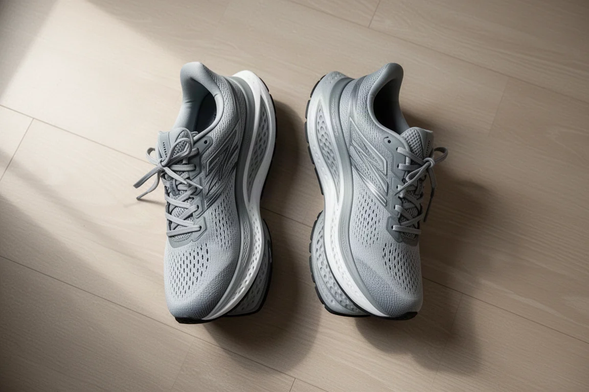 Two ASICS running trainers side by side on a wooden floor, showing midsole stack difference