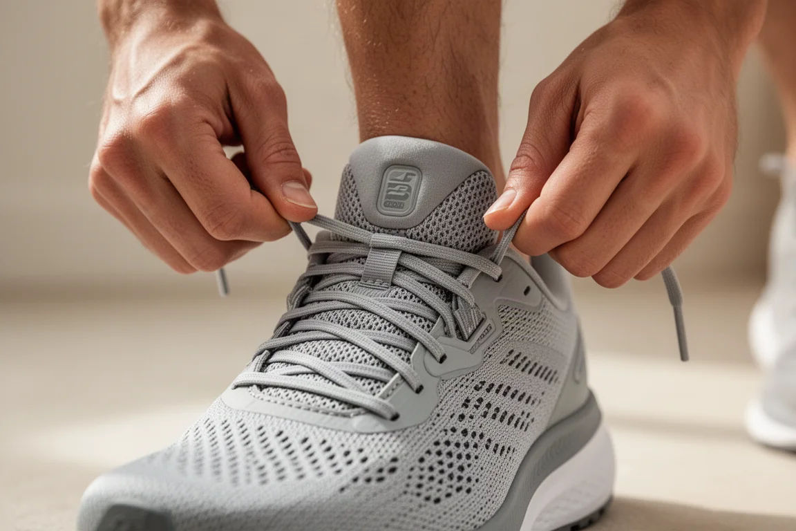 Close-up of a runner lacing up a breathable running shoe upper