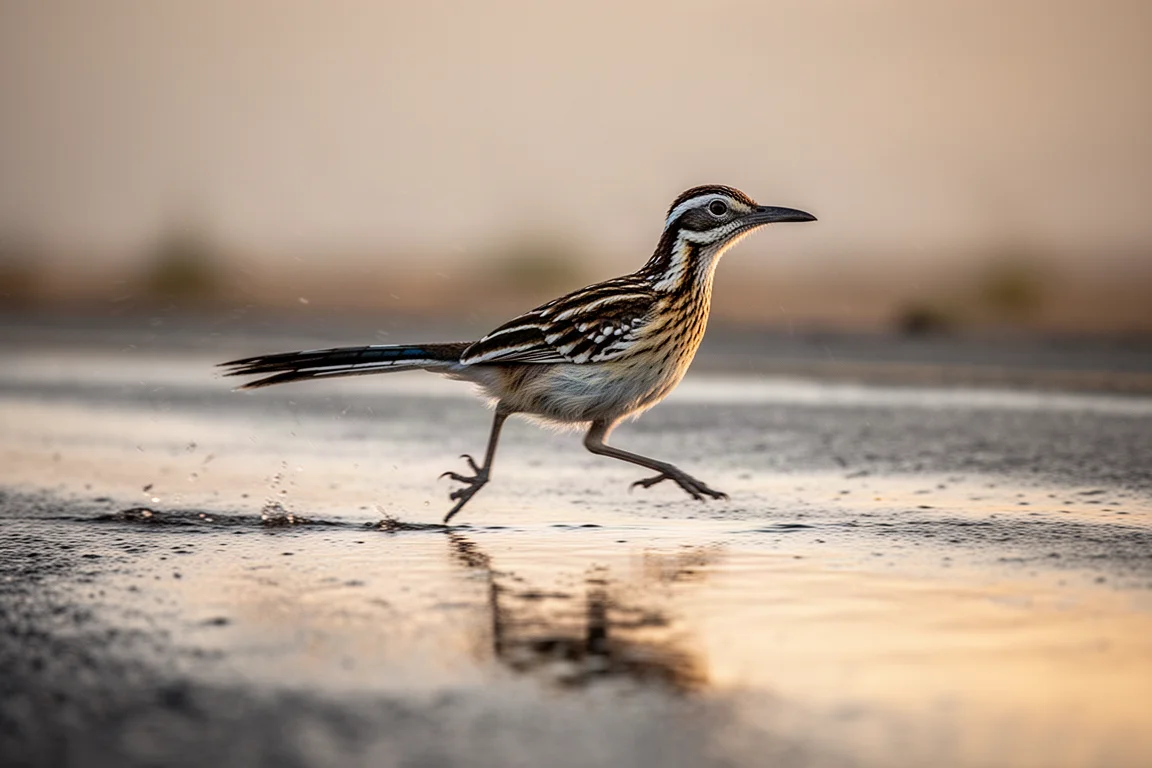 Runner striding along wet tarmac at dawn in soft light