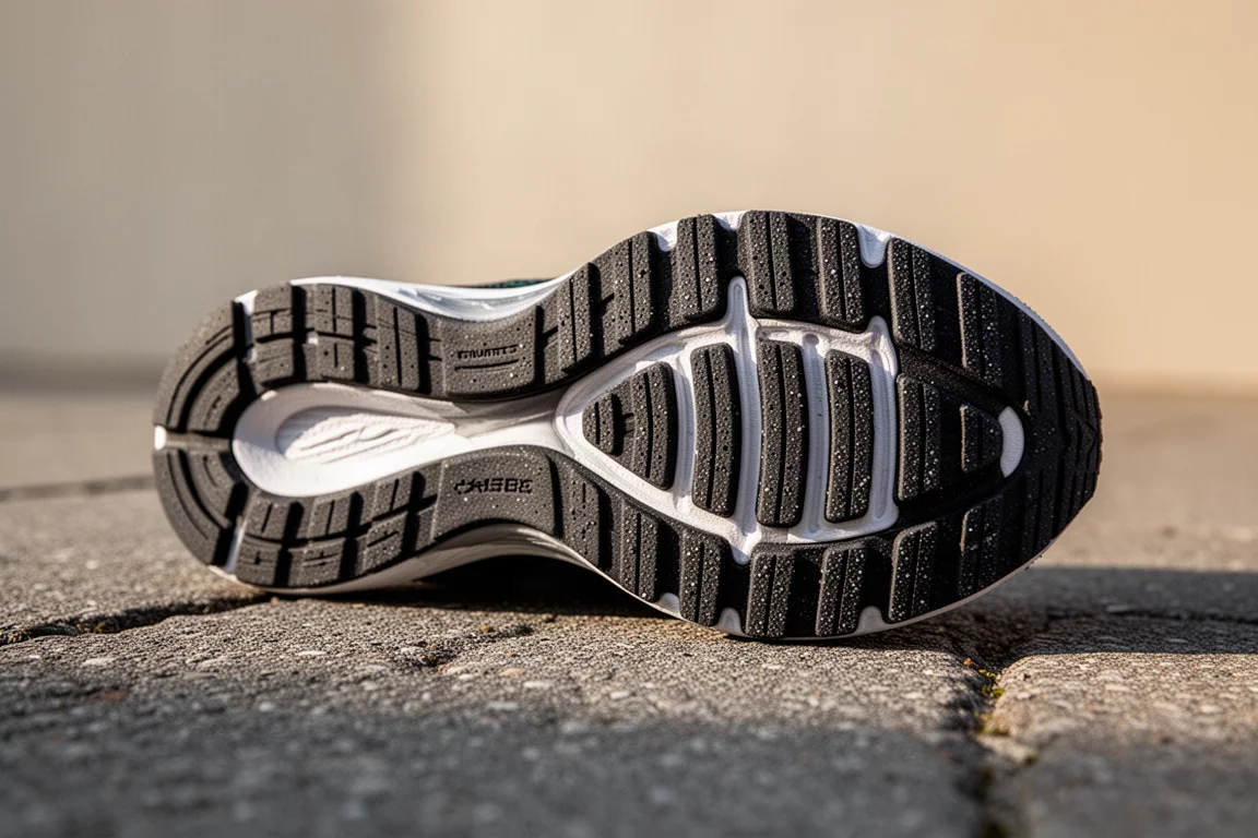 Detailed view of a durable rubber outsole with grip ridges on rough pavement