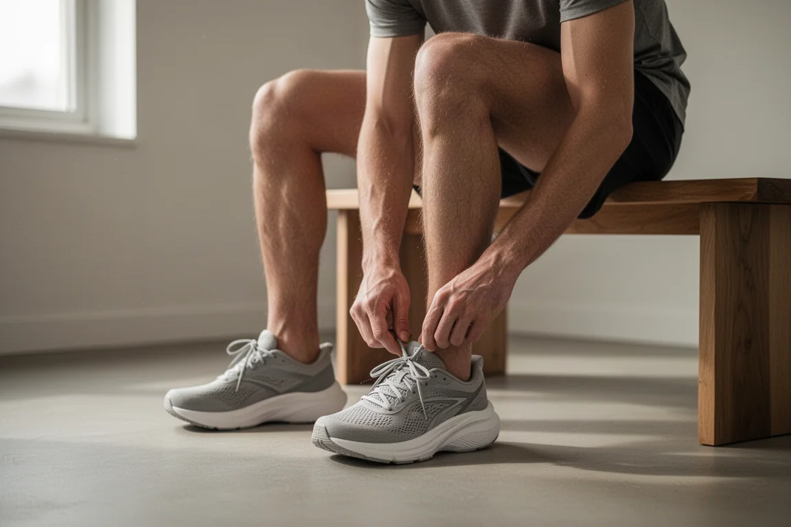 Runner lacing up a pair of cushioned running shoes indoors