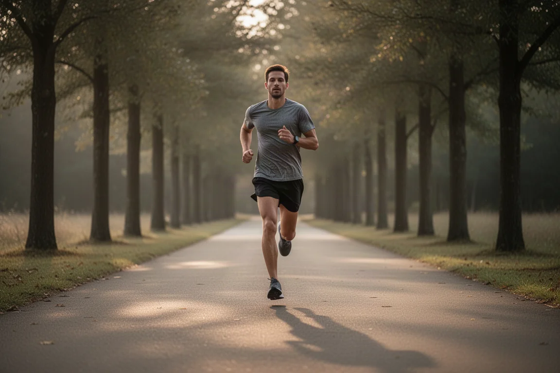 Runner cruising along a quiet paved path in soft evening light
