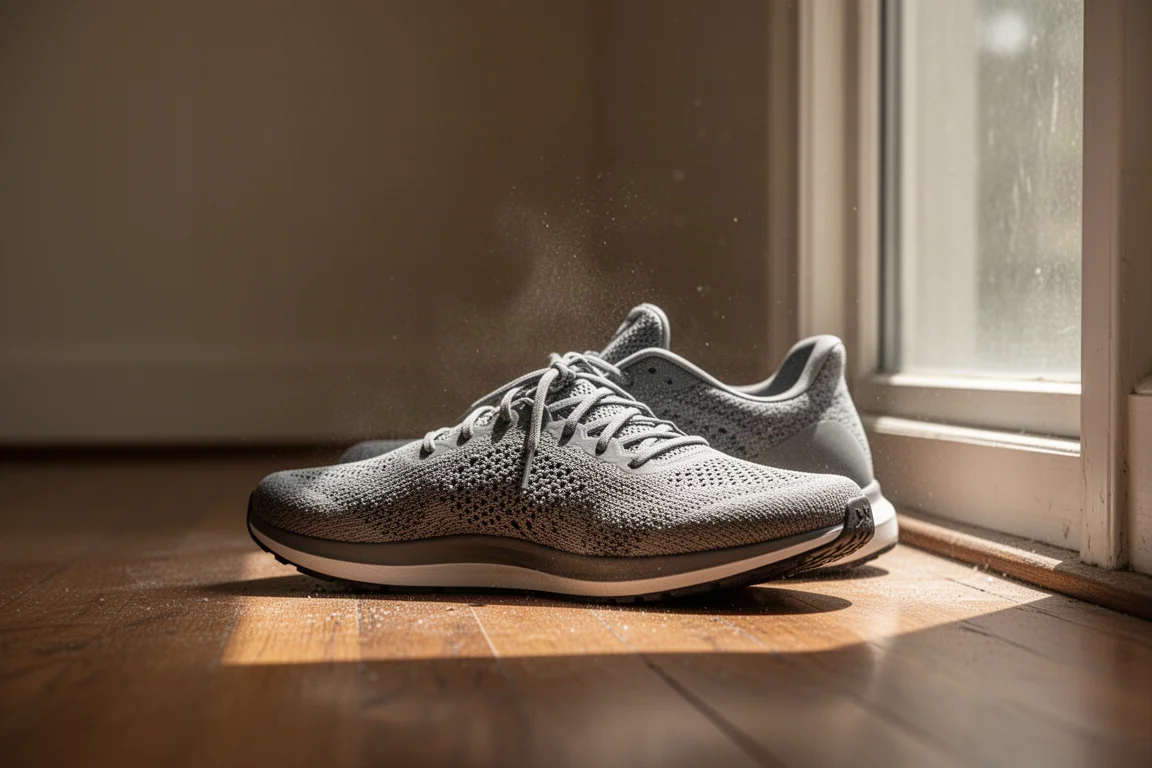 Single running shoe resting on a wooden floor beside a window