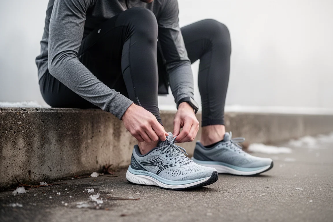 Un corridore allaccia una scarpa da allenamento ammortizzata prima di una corsa mattutina Easy