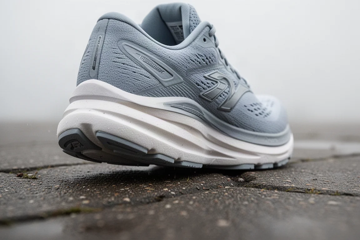 La midsole di una scarpa da running mostra la compressione della schiuma morbida sull'asfalto