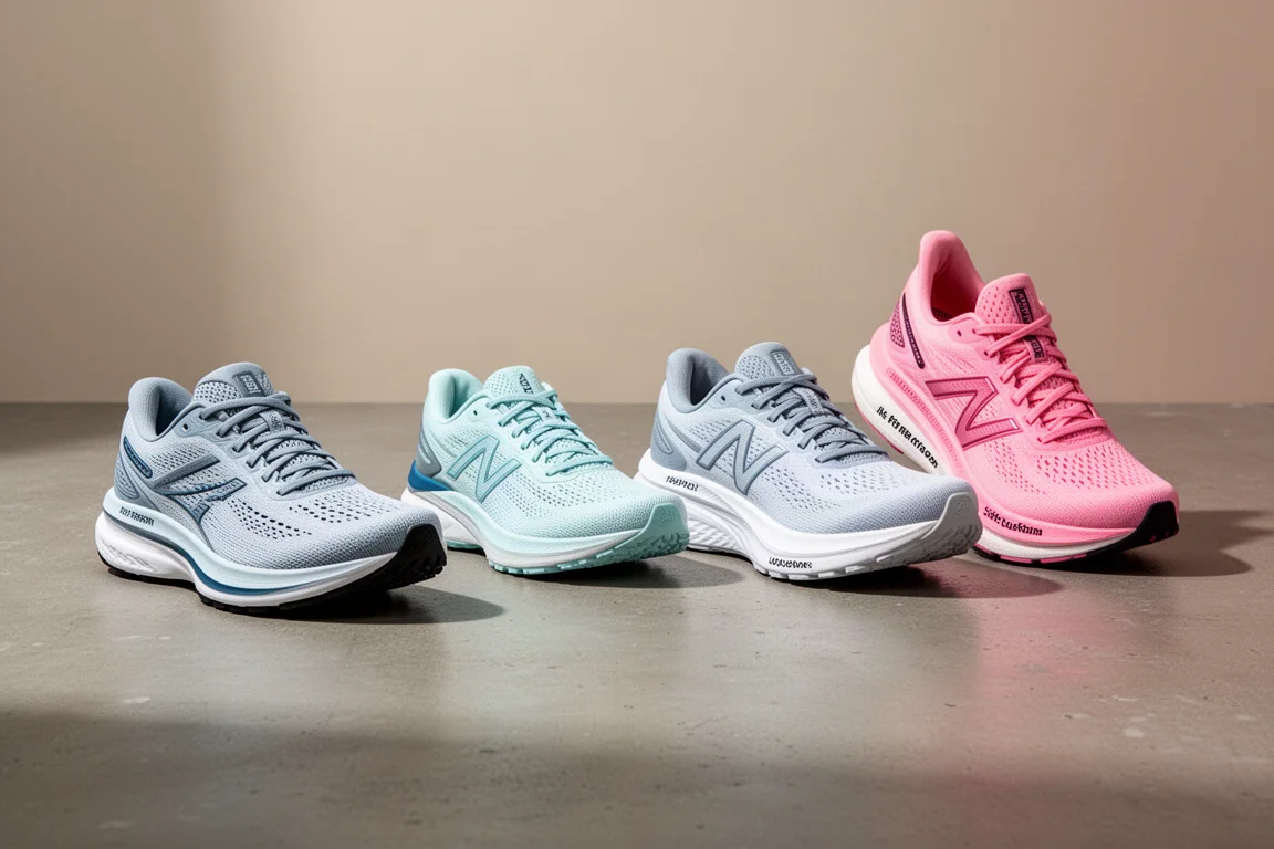 Four daily trainer running shoes lined up on a concrete surface