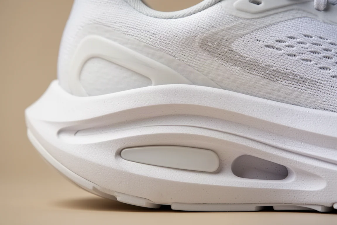 Primer plano de la espuma gruesa y esculpida de la mediasuela blanca de una zapatilla de running sobre fondo neutro