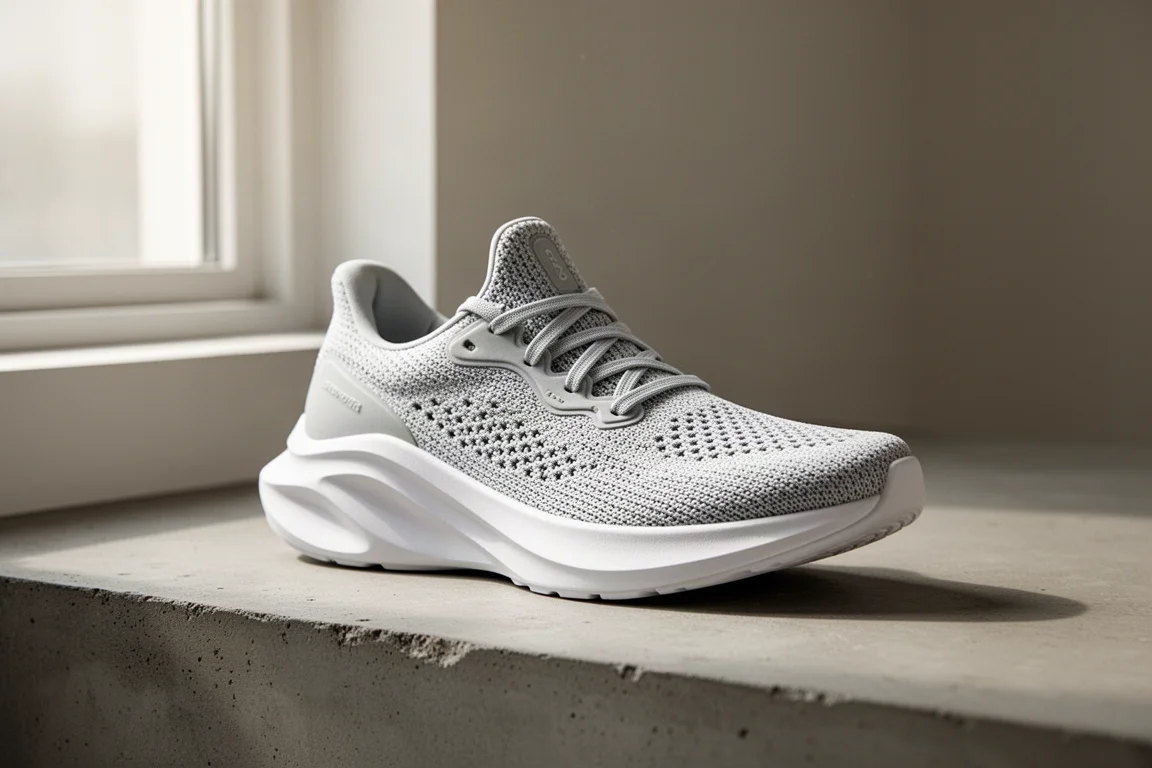 Scarpa da running Asics Novablast 6 con tomaia tessuta e spesso intersuola bianca sul cemento