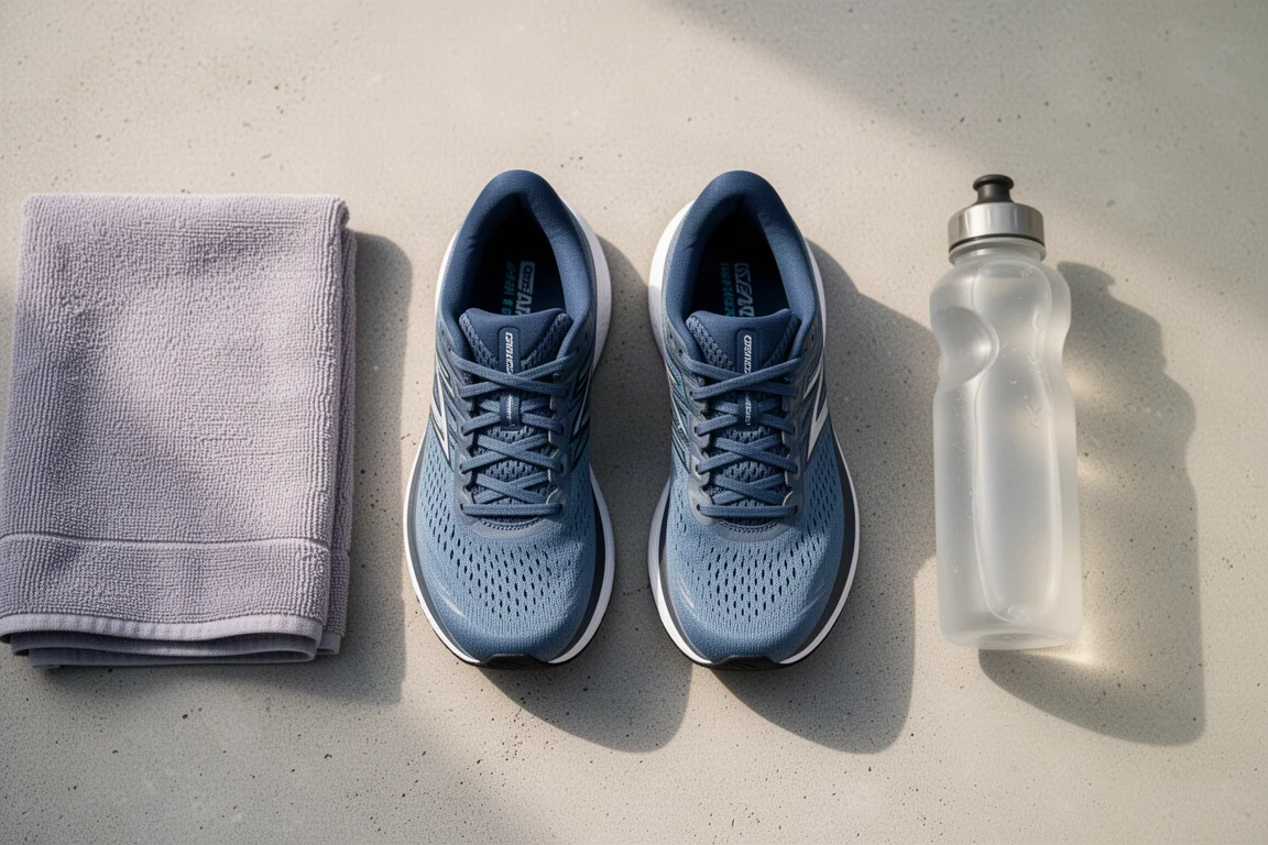 Läufer schnürt vor einem Trainingseinheit zwei verschiedene Laufschuhe nebeneinander