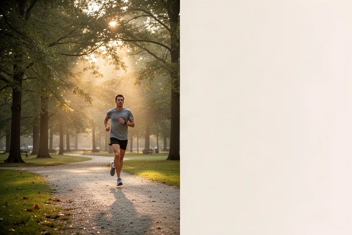 Läufer joggt bei Sonnenaufgang gemütlich auf einem Schotterweg durch einen Park