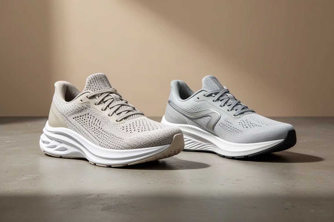 Asics Novablast 6 och Adidas Evo SL löpskor sida vid sida på betong