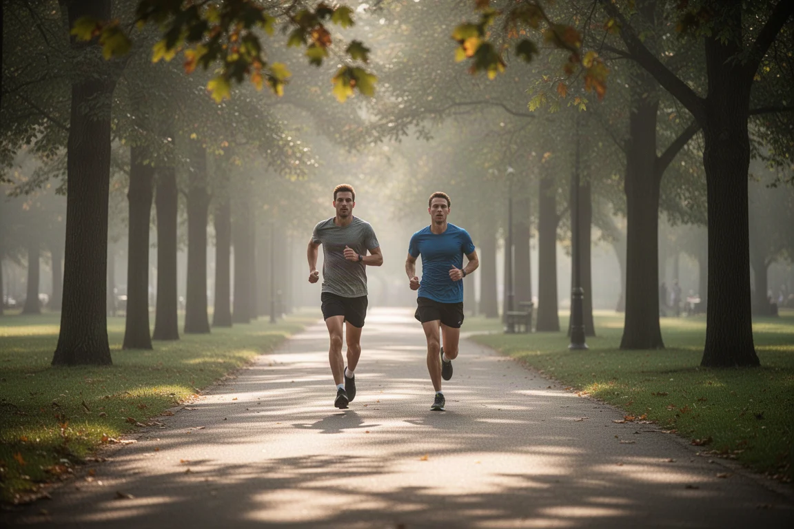 Corredores em uma trilha arborizada de parque durante um treino leve pela manhã