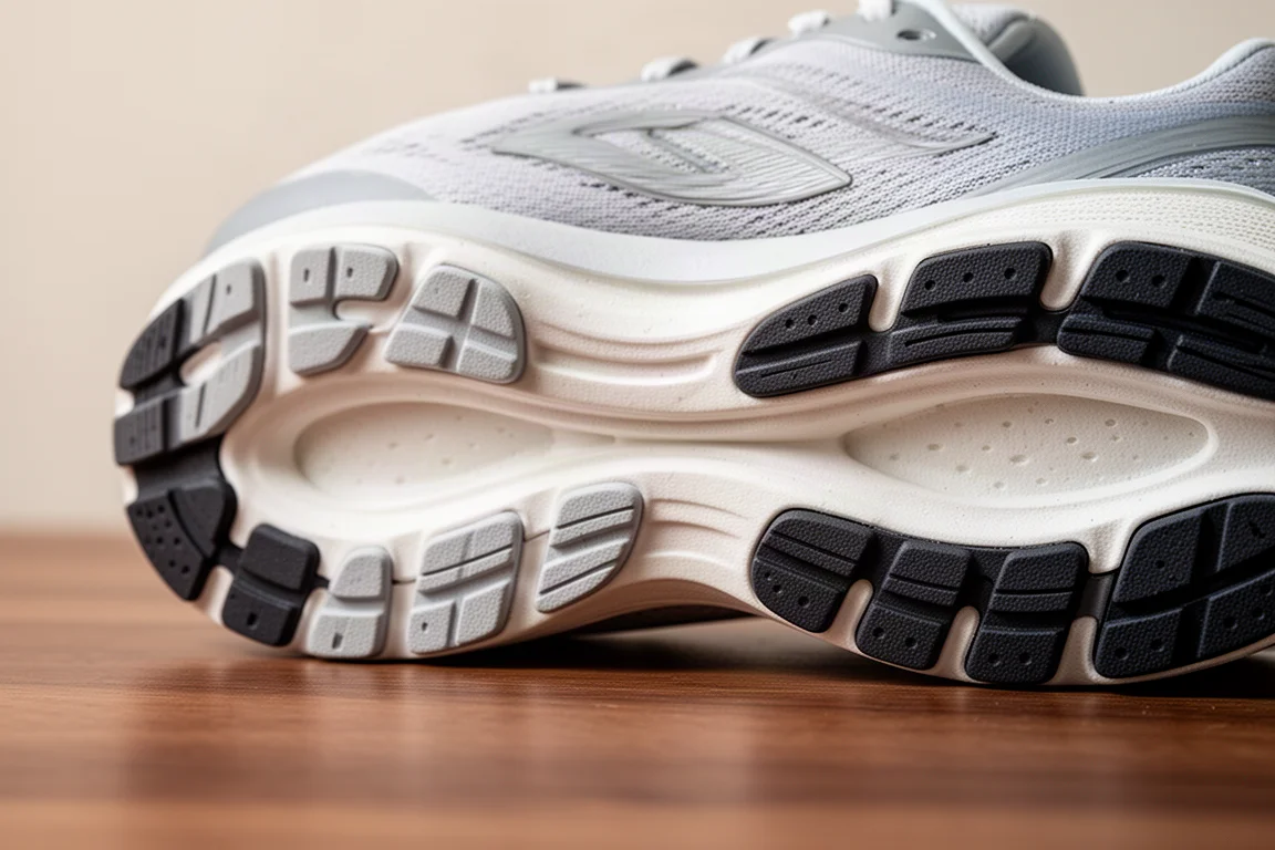 Dettaglio in primo piano della schiuma della midsole e della gomma della suola di una scarpa da running