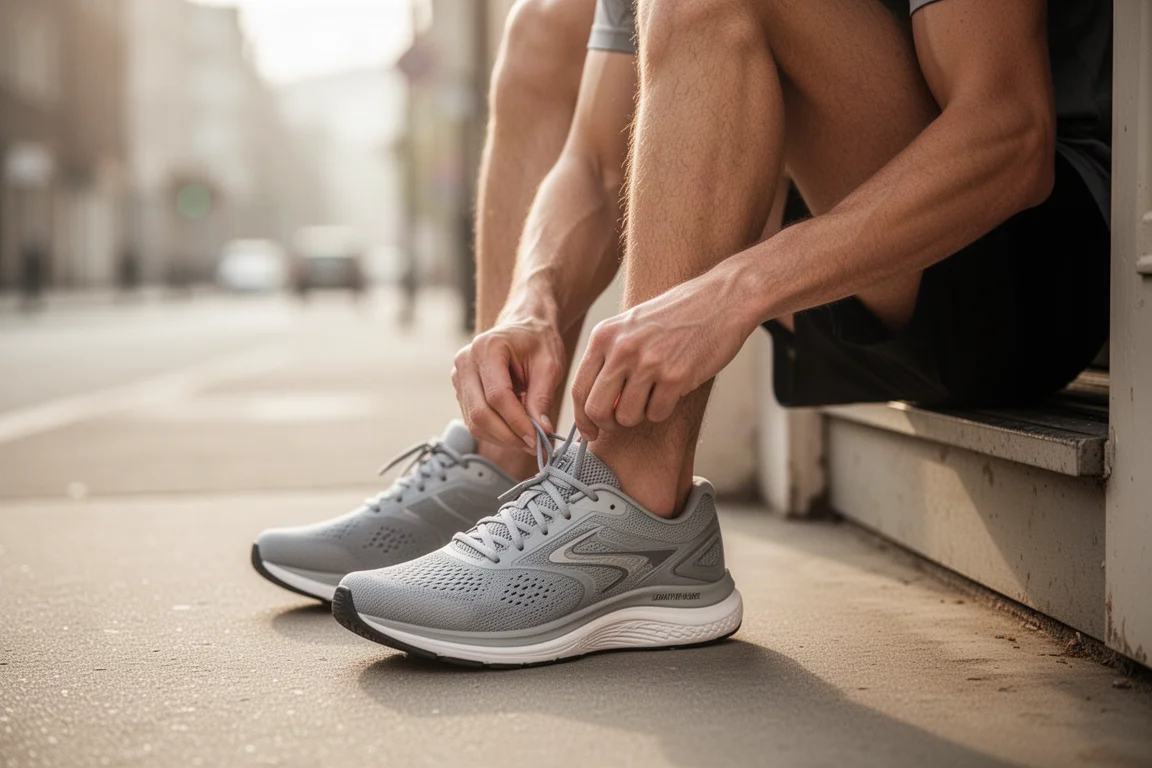 Un runner allaccia una scarpa da running su una soglia nella morbida luce del mattino