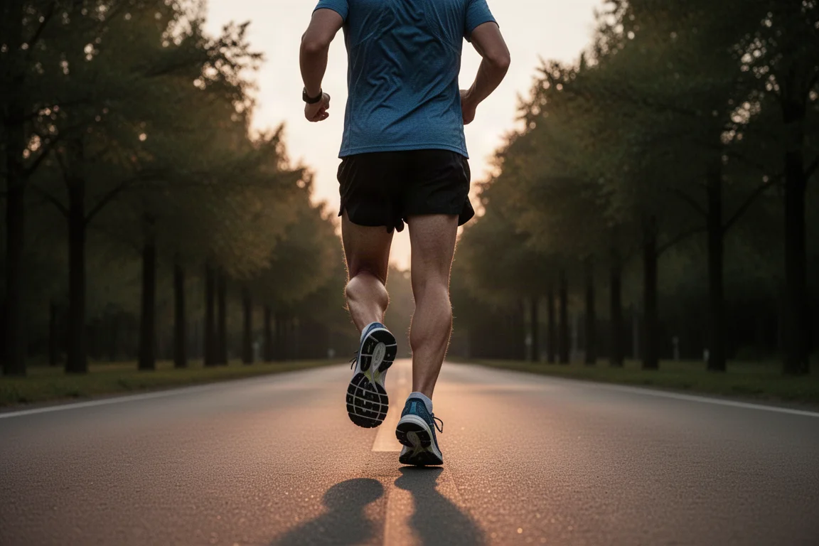 Un runner accumula chilometraggio giornaliero costante su una strada aperta al tramonto