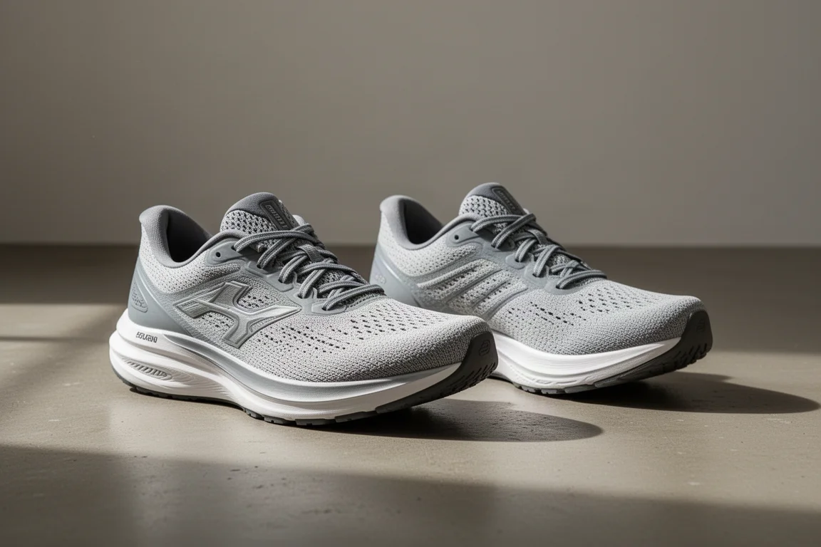 Zwei gedämpfte Laufschuhe nebeneinander auf einer Betonoberfläche bei weichem Licht