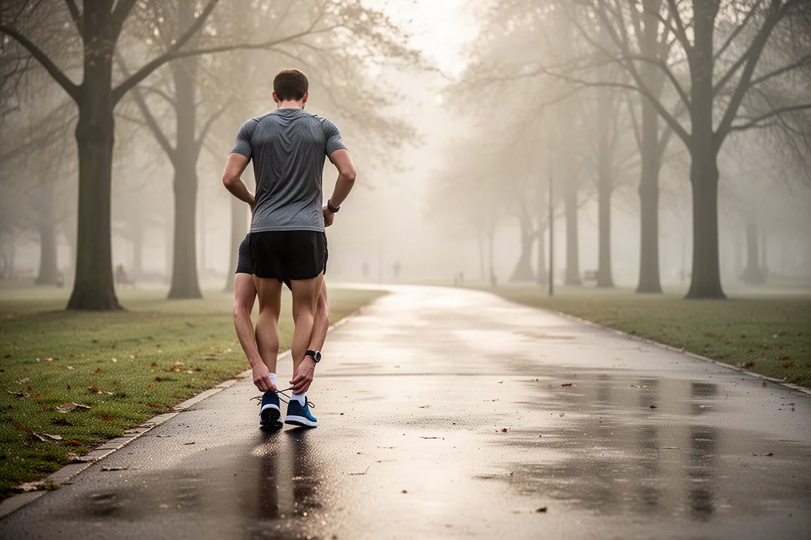 Läufer dehnt sich neben einem Parkweg vor einem lockeren Lauf