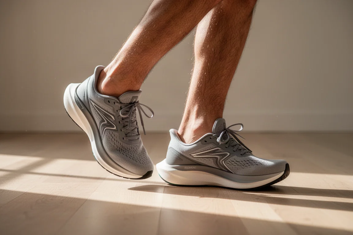 Runner lacing up a pair of modern running shoes on a wooden floor