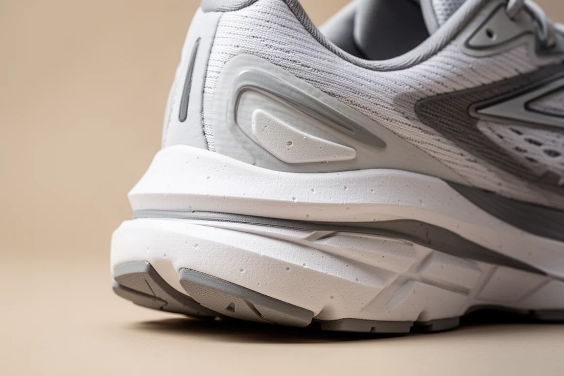 Close-up of a running shoe midsole showing foam stack and heel geometry