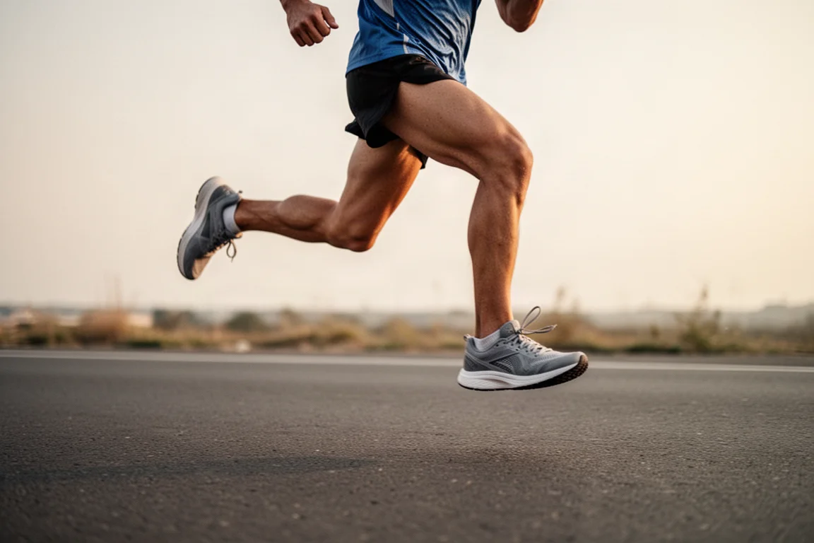 Runner mid-stride on an asphalt road in soft daylight