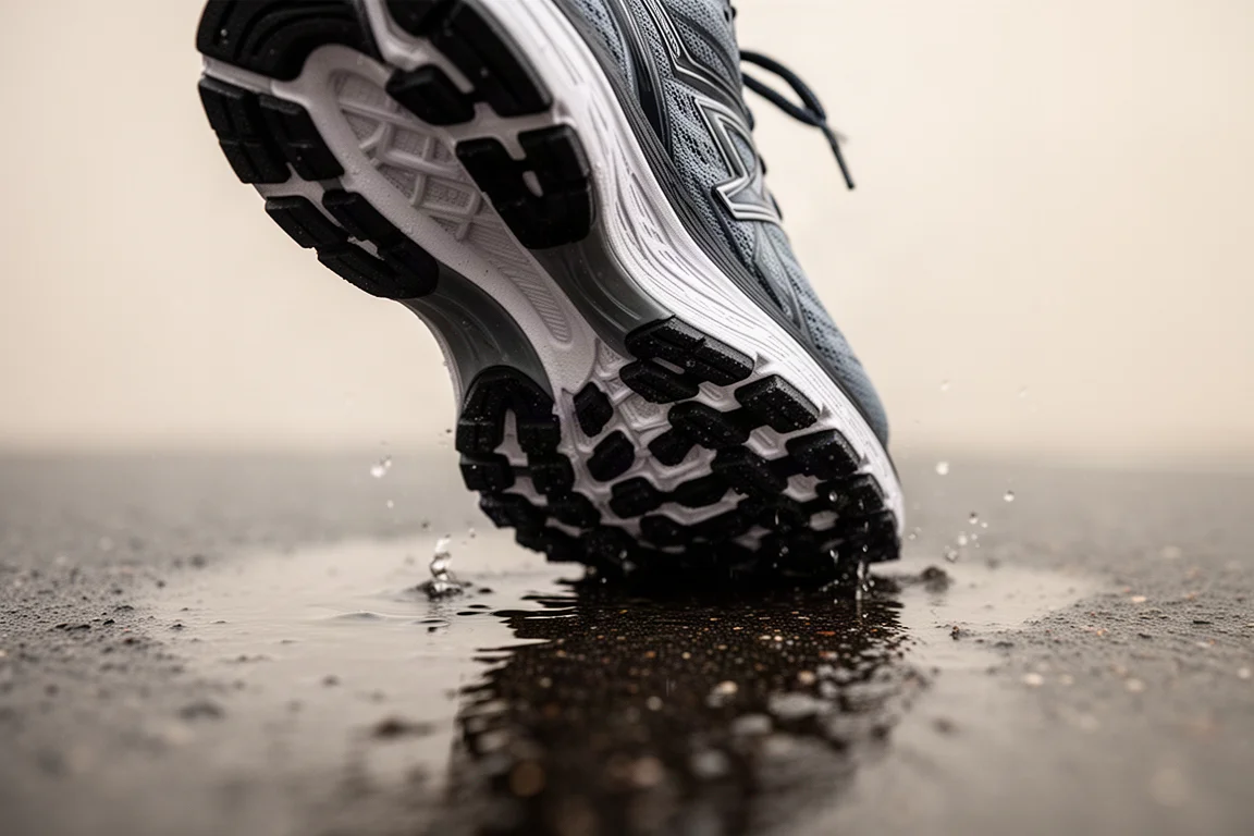 Close-up of a running shoe outsole with rubber traction pattern on wet pavement