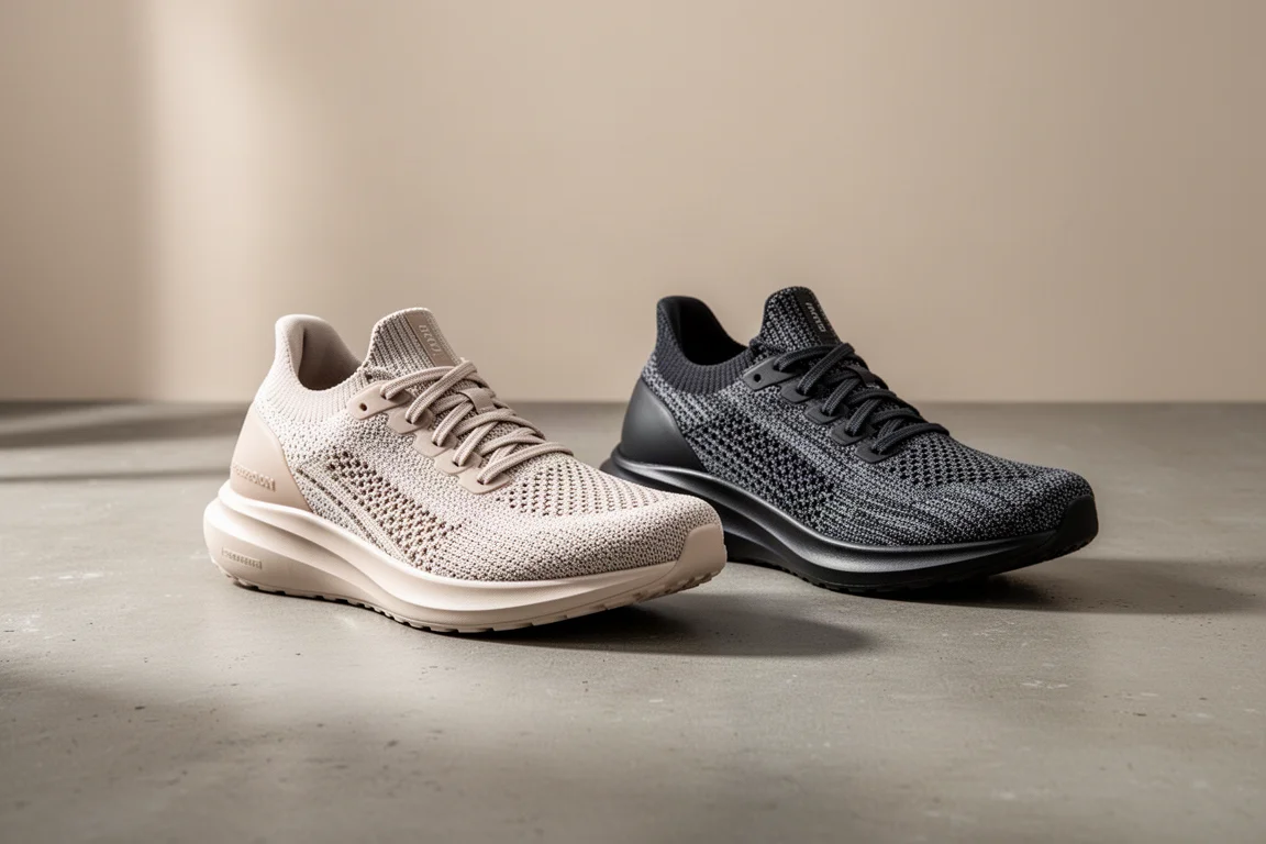 Two modern running shoes side by side on a concrete surface
