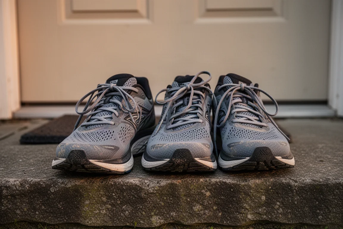 Zwei Laufschuhe liegen nach dem Lauf nebeneinander auf einer Hausschwelle