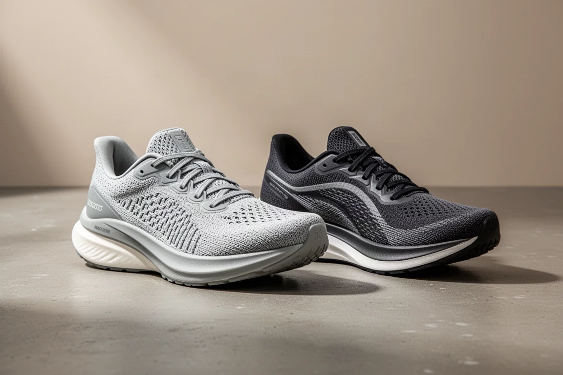 Buty do biegania ASICS Novablast 6 i Puma Deviate Pure Nitro obok siebie na betonie