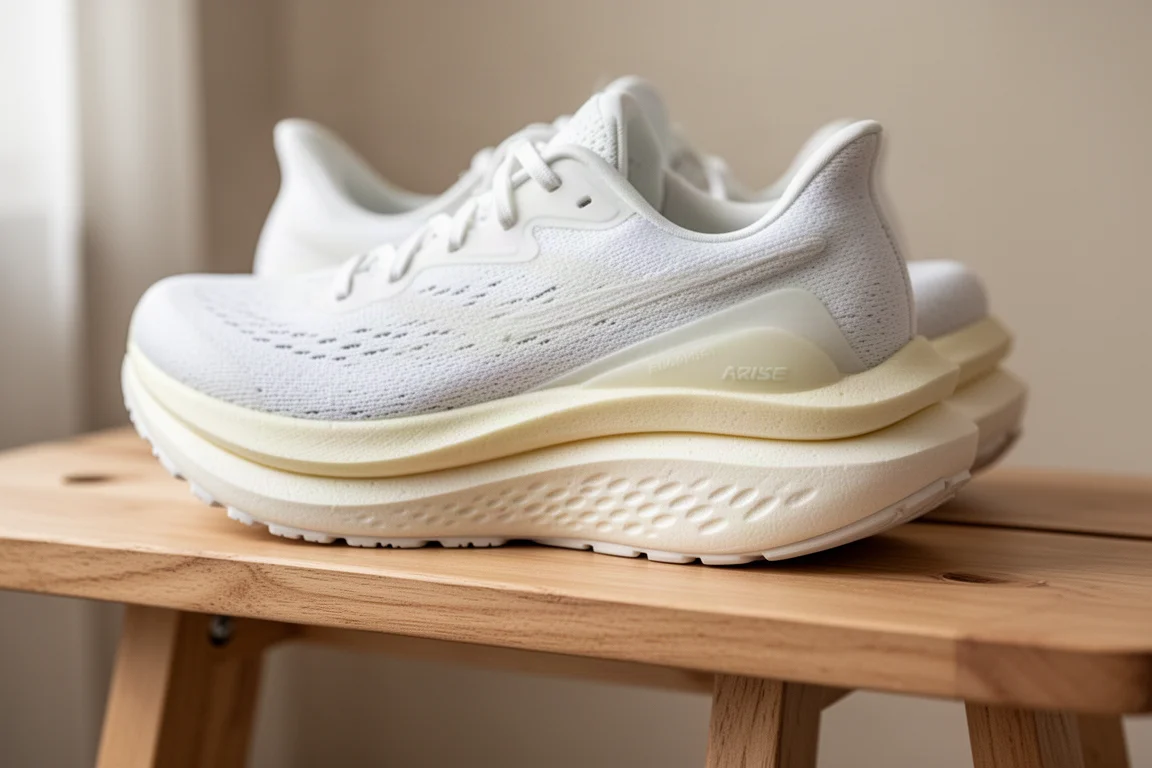 Primer plano de una gruesa espuma de mediasuela blanca superpuesta en una zapatilla de running