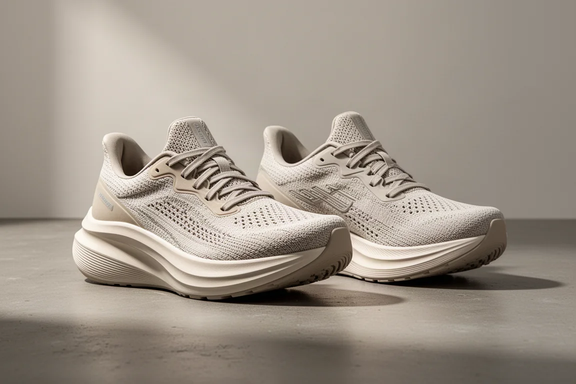 Zwei hoch gebautte ASICS-Laufschuhe nebeneinander auf einem Betonboden im Studio