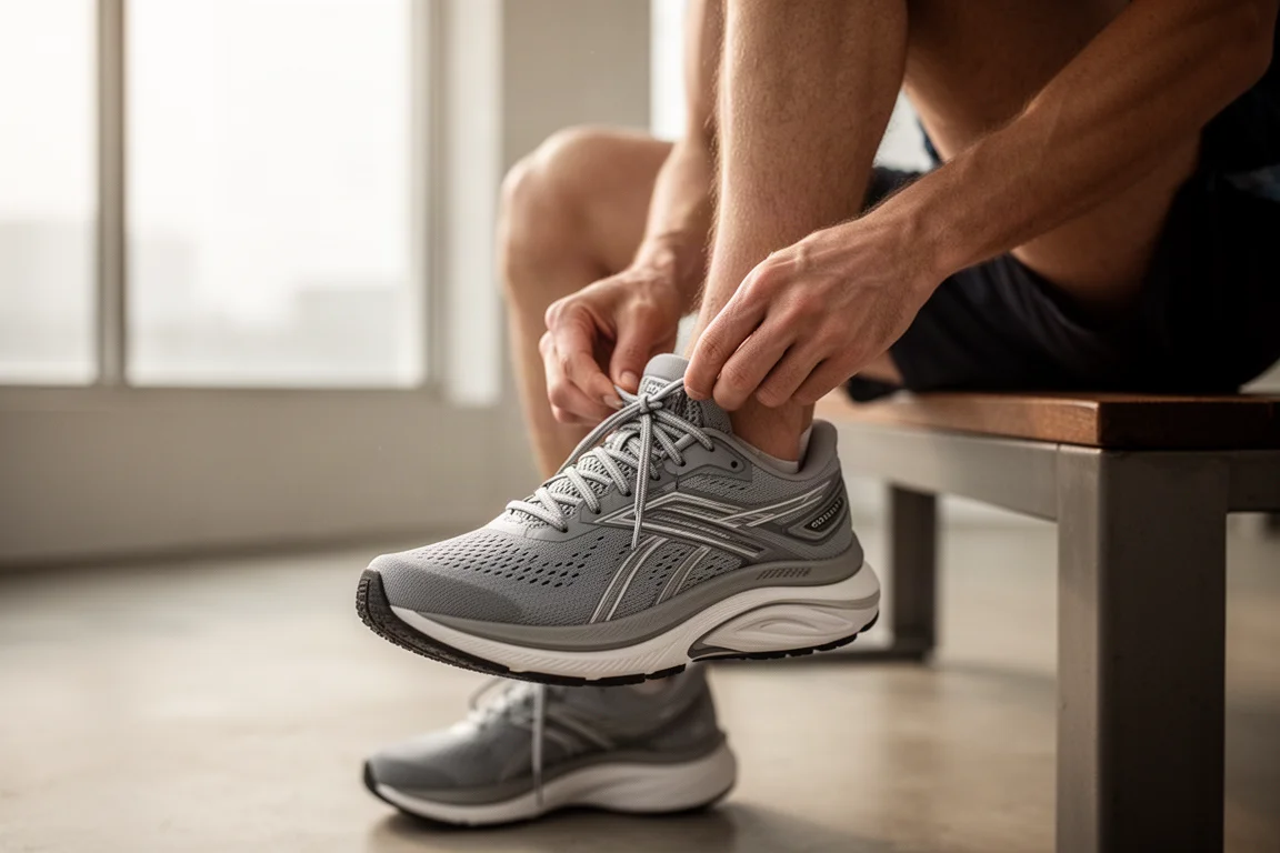 Coureur lacant une chaussure de running amortie sur un plancher de bois avant une sortie matinale