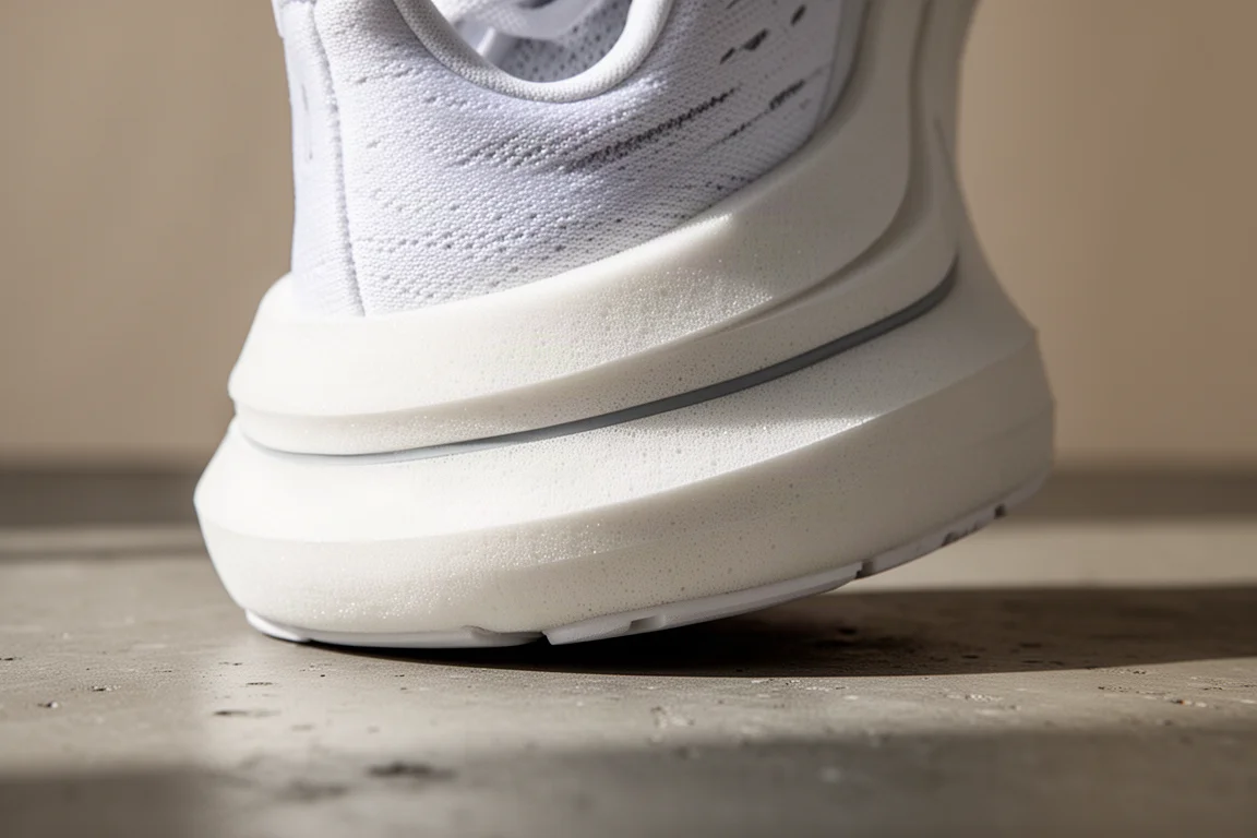 Gros plan sur une épile de mousse blanche de semelle intermédiaire de chaussure de running