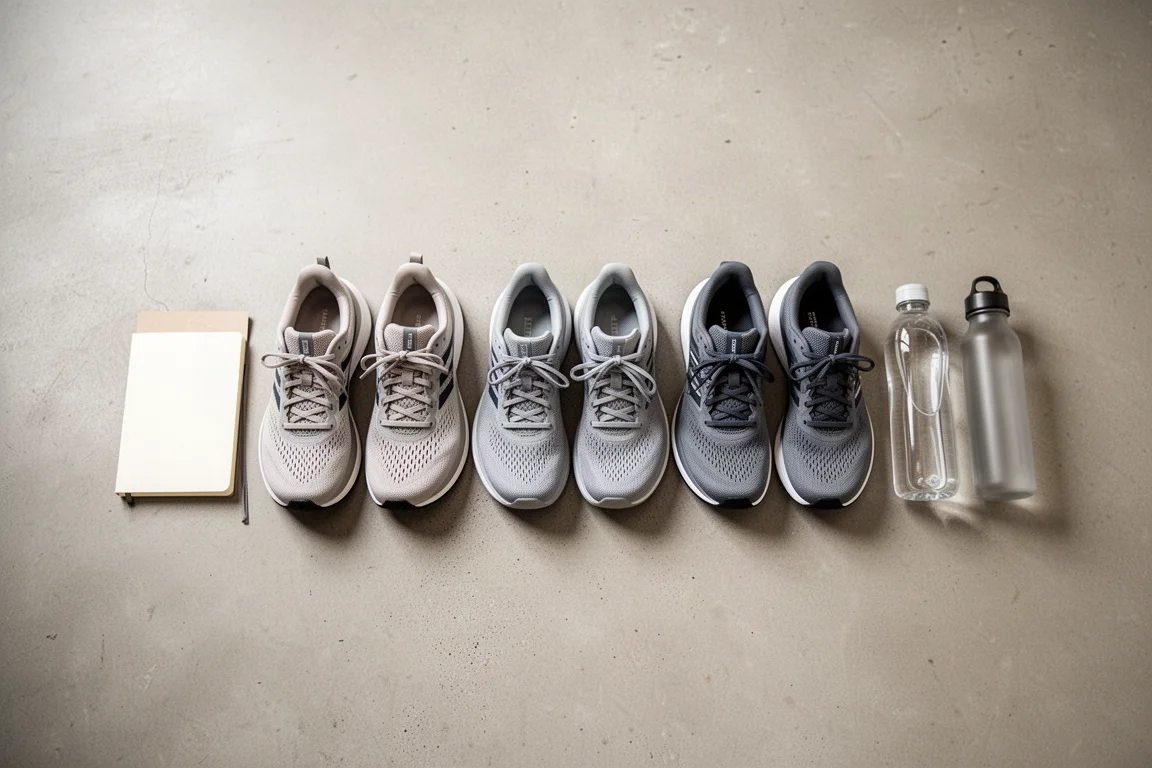 Plusieurs paires de chaussures de running alignées sur un sol de garage à côté d'un carnet d'entraînement
